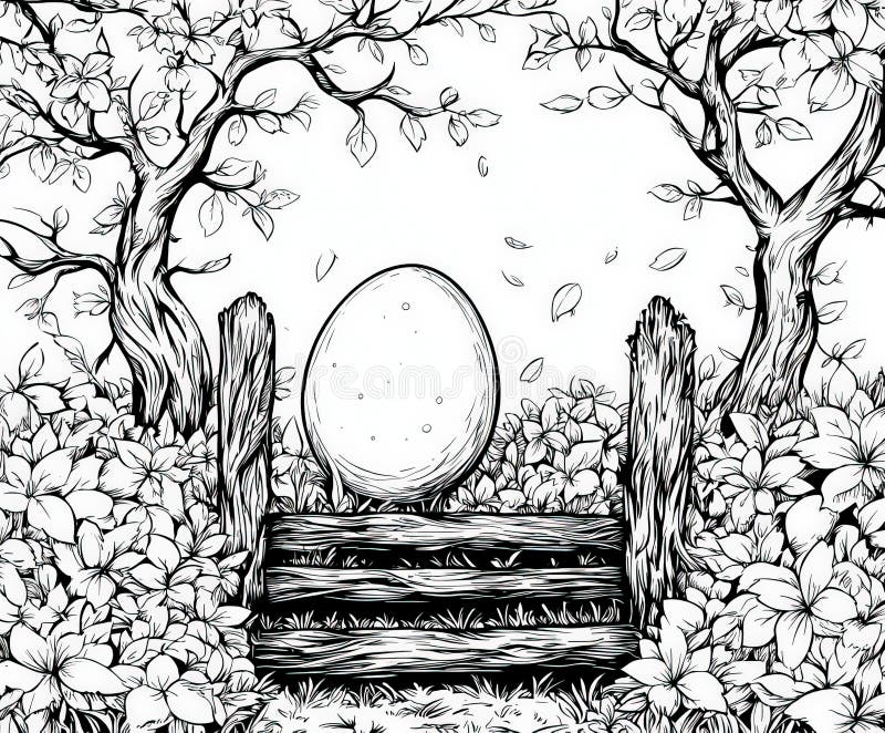 An egg hunt in a magical garden, coloring page for kids, simple outline illustration. Coloring book. stock images