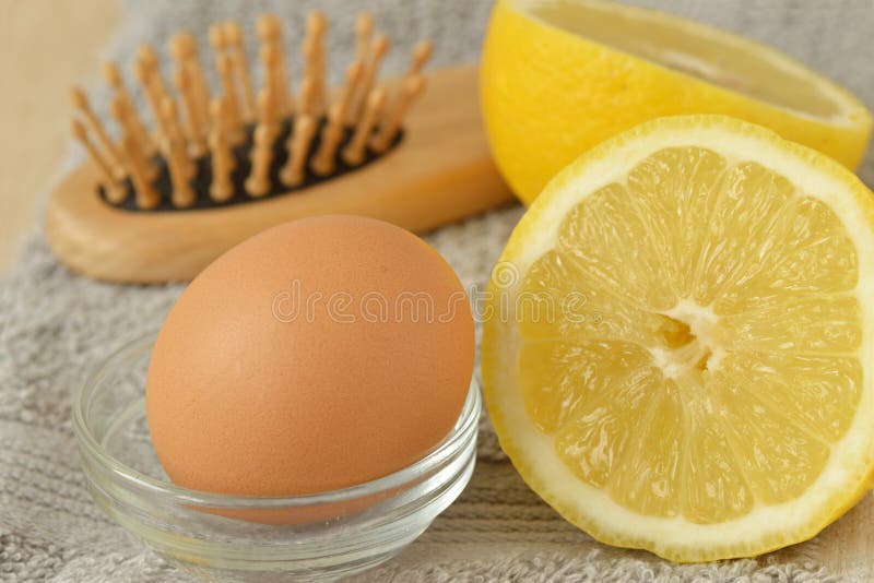 Egg and Lemon with Hair Brush on Grey Towel - Homemade Hair Mask  Ingredients Stock Image - Image of scalp, silky: 186352029
