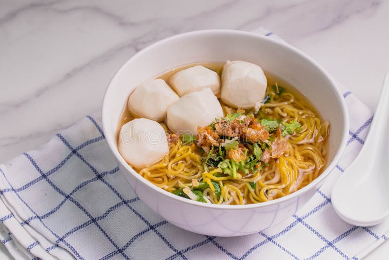 Egg Noodles with Fish Balls, Clear Soup Noodles in White Cups Stock