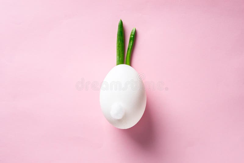 Egg shell and feathers green onion imitation rabbit, bunny on pink colored paper background. Food concept minimal Easter royalty free stock photography