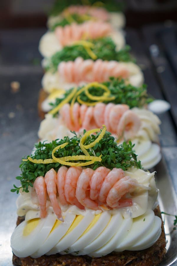 Egg and Shrimp Smorrebrod Open Faced Sandwiches in Denmark Stock Image