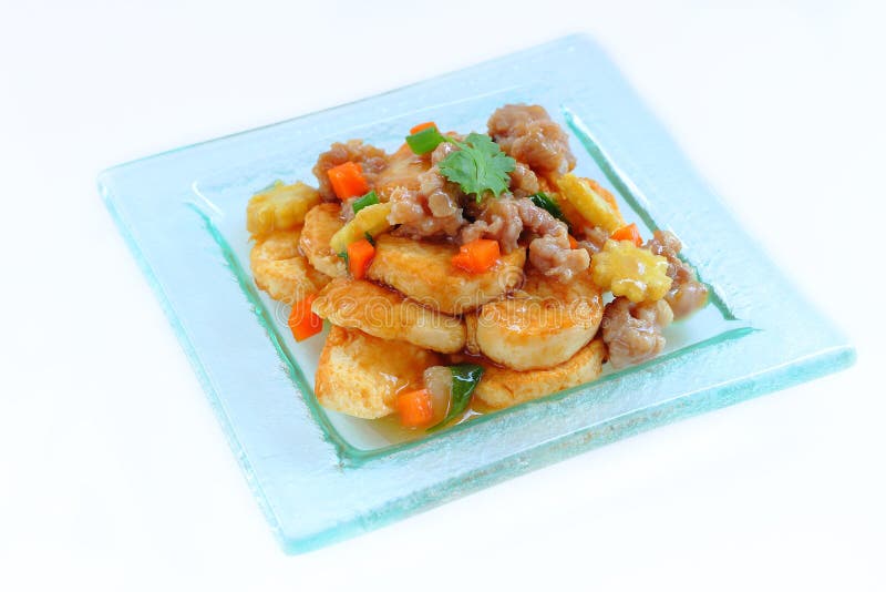 Egg Tofu Stir Fry with Pork and Vegetable. Stock Photo - Image of