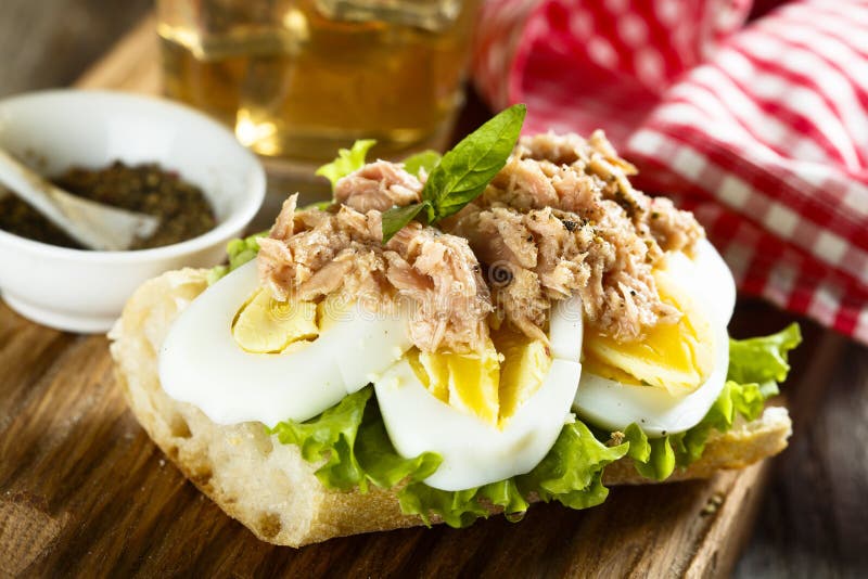 Egg and Tuna Sandwich with Fresh Basil Stock Image Image of rustic