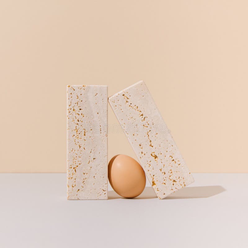 Egg between two travertine marble blocks on a beige and gray background. 2021 Easter unique still life concept. royalty free stock photography