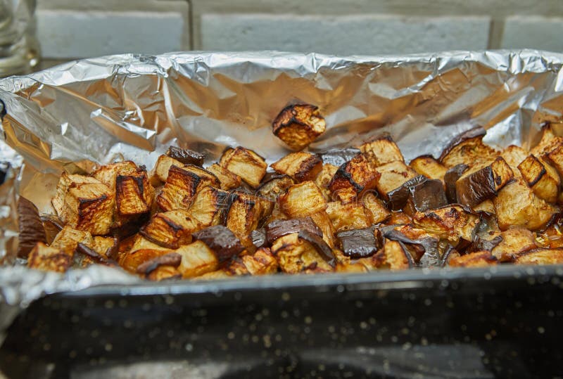 Eggplant Baked in the Oven, Diced on Leaf from the Oven Stock Image