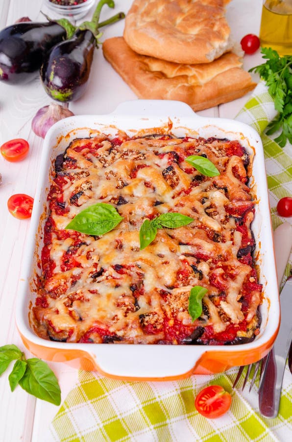 Eggplant Casserole with Tomato Sauce, Cheese and Fresh Basil. Stock ...