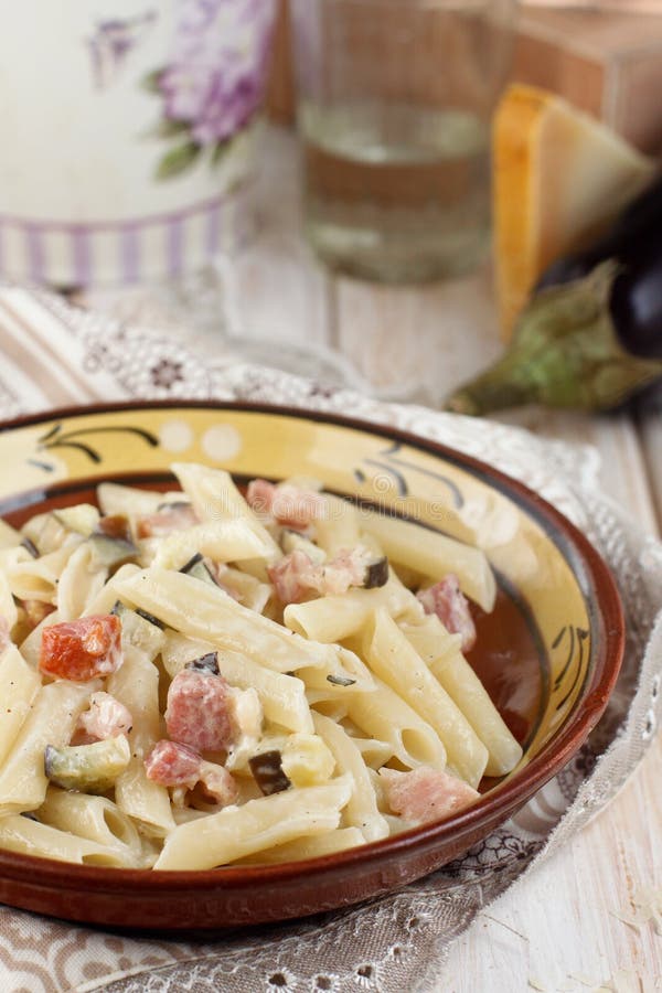 Eggplant, Pancetta and Parmesan Pasta Stock Photo Image of eggplant