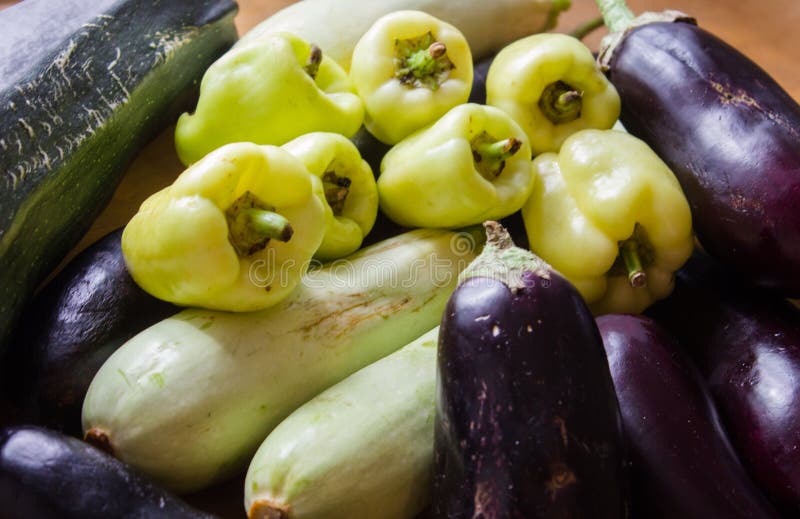 Eggplant, Peppers and Zucchini on the Table. Stock Photo Image of