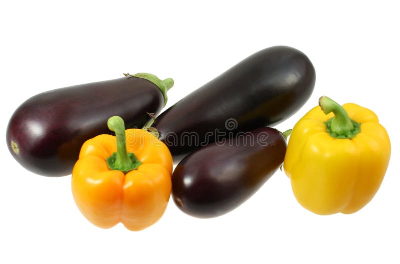 Eggplants and pepper on white