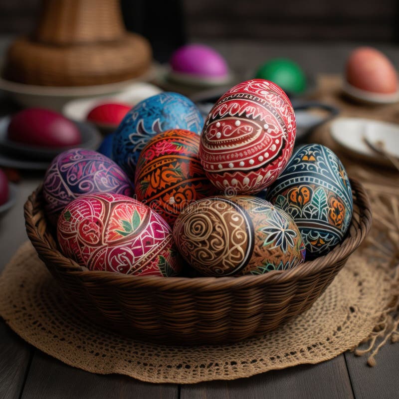Eggs dyed in different colors are in a basket with a print. stock illustration