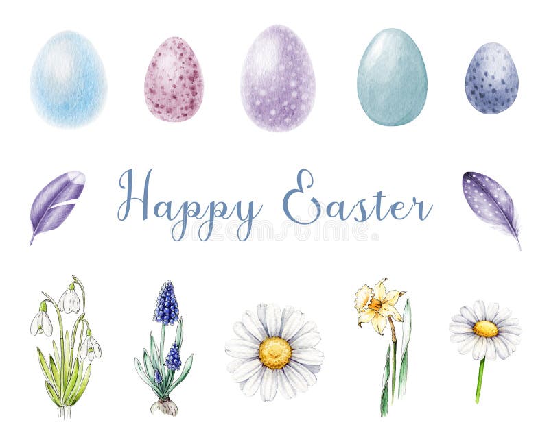 Eggs and flowers Easter set. Watercolor illustration. Hand drawn tender colored egg and spring flowers elements. Happy vector illustration