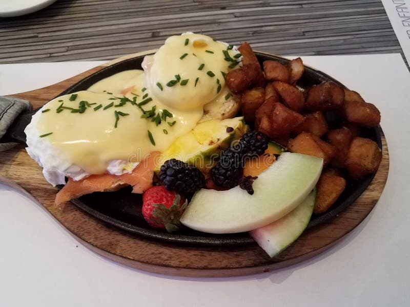 Eggs and Salmon and Fruit and Potatoes on Plate Stock Image Image of