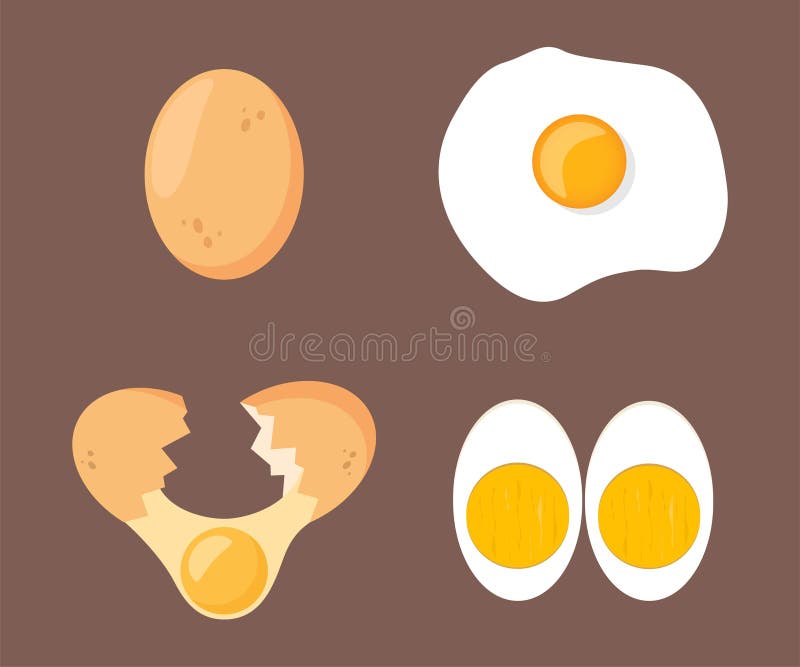 Eggs set isolated on white background. Set of fried, boiled, half, sliced eggs. Eggs in various forms. Vector illustration royalty free illustration