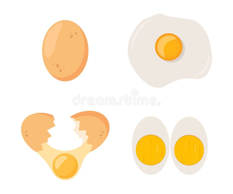 Eggs set isolated on white background. Set of fried, boiled, half, sliced eggs. Eggs in various forms. Vector illustration stock illustration