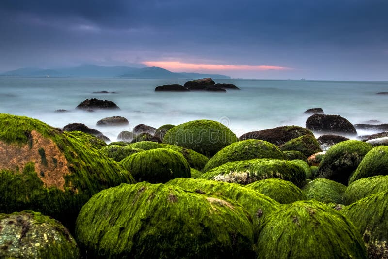Nature Seascape with Rocks Covered by Green Mosses, Silky Water and Dark Cloudy Sky