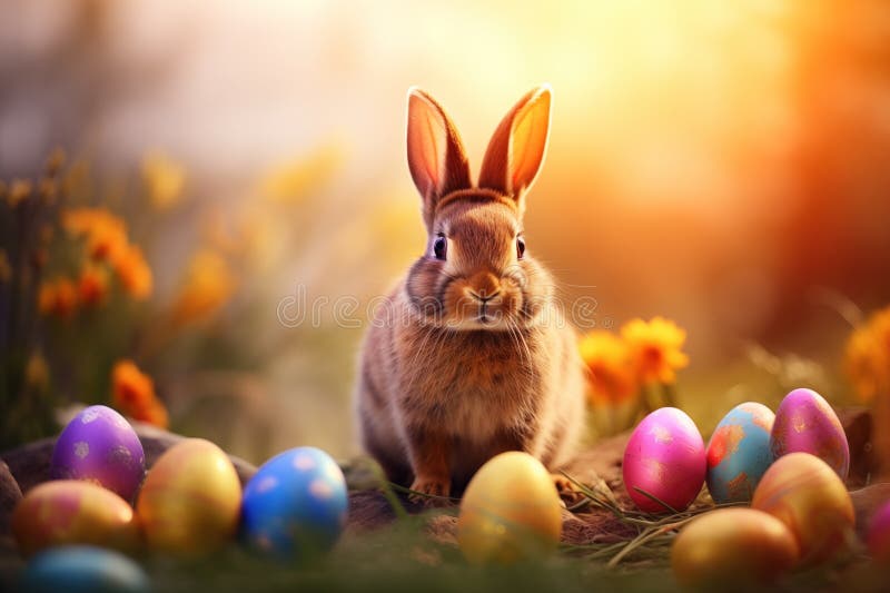 Eggstravaganza-Offenbarung : flauschiger Hase, der in einer fröhlichen Feier mit Ostereiern eingetaucht ist. generative Hilfe stock abbildung
