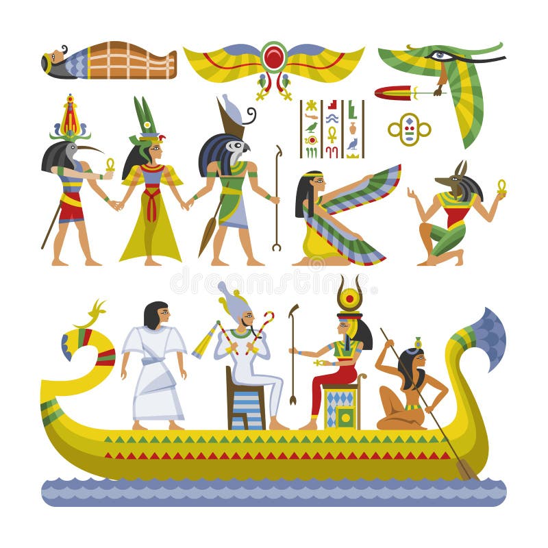Egipskiego wektorowego pharaoh charakteru mężczyzny kobiety boga akademii królewskich anubis antyczna statua na łodzi dziejowej E royalty ilustracja Egipskiego wektorowego pharaoh charakteru mężczyzny kobiety boga akademii królewskich anubis antyczna statua na łodzi dziejowej E royalty ilustracja