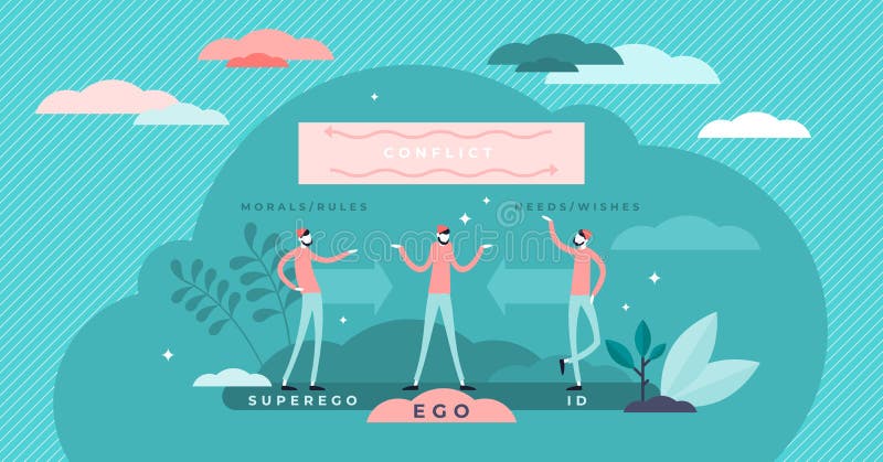 Ego, super ego and ID psychological conflict concept, flat tiny persons vector illustration vector illustration
