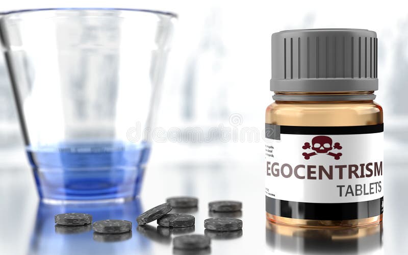 Egocentrism as harmful, negative and damaging aspect of life, unhealthy poison to the soul that affects people mind and body, harms mental health, symbolized as a bad medicine, 3d illustration. Egocentrism as harmful, negative and damaging aspect of life, unhealthy poison to the soul that affects people mind and body, harms mental health, symbolized as a bad medicine, 3d illustration