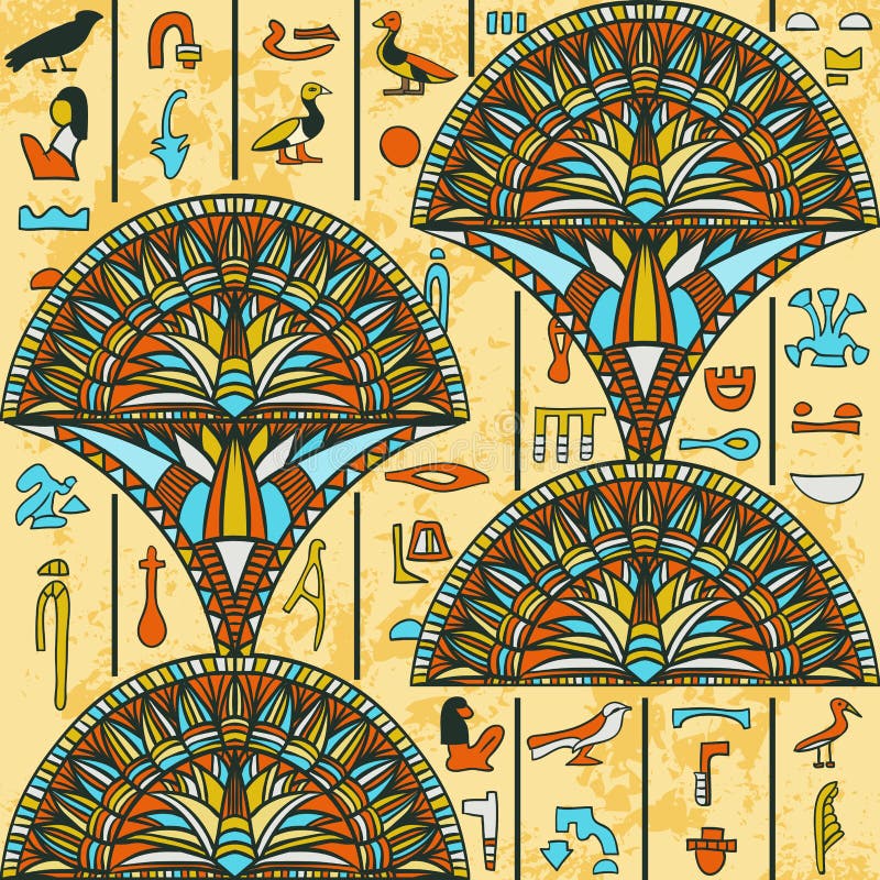 Egypt colorful ornament with ancient Egyptian hieroglyphs on aged paper background,.