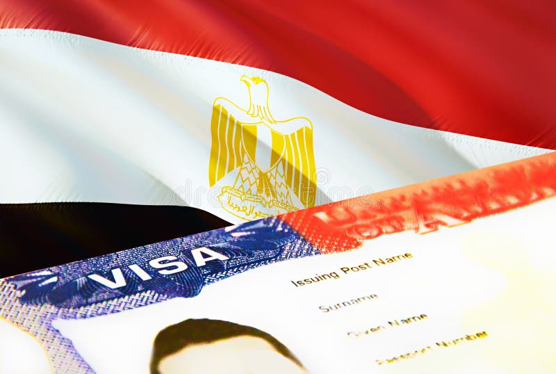 Egypt immigration document close up. Passport visa on Egypt flag. Egypt visitor visa in passport,3D rendering. Egypt multi stock illustration