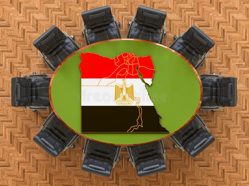Egyptian Goverment Meeting. Map of Egypt on the Round Table, 3D