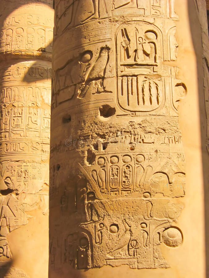 Egyptian hieroglyphics on the stone column