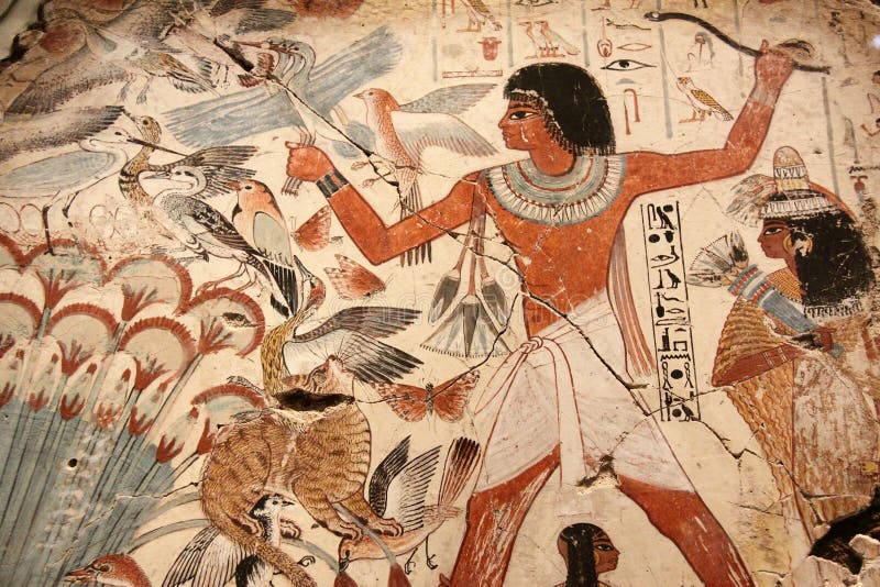 Krásně malované umění ukazuje mladý princ na lovu ve starověkém Egyptě.