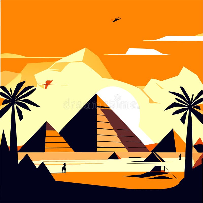 Egyptian Pyramids And Palm Trees Vector Illustration In Flat Style Ai Generated Stock