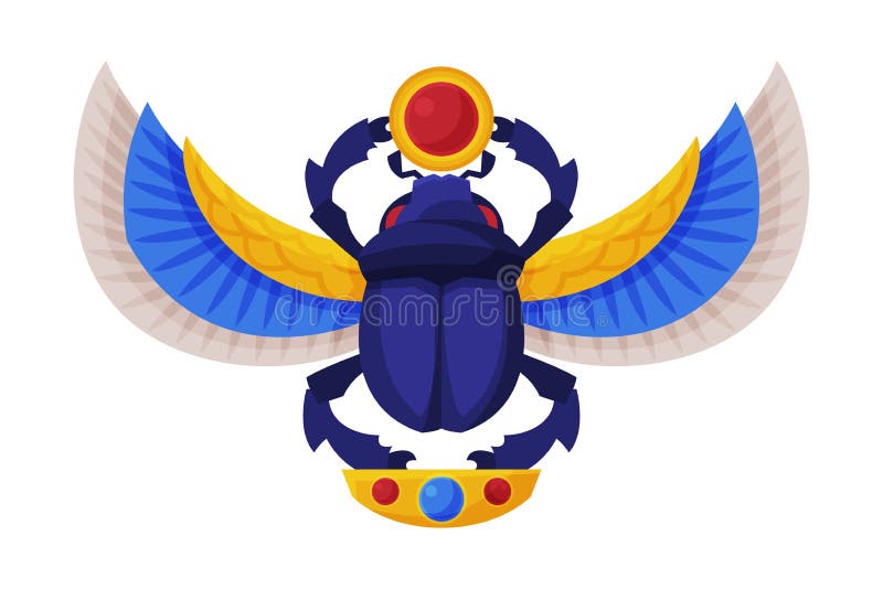 Egyptian Scarab Beetle with Wings and Sun, Symbol of Pharaoh and God Ra Flat Style Vector Illustration on White