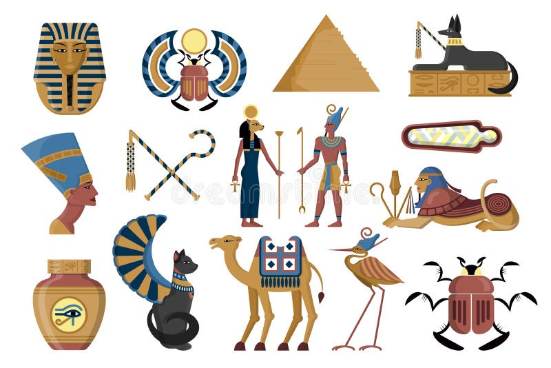 Egyptian symbols. Ancient Egypt. God and pharaoh with scepters. Cleopatra sculpture. Pyramid temple. Sphinx statue