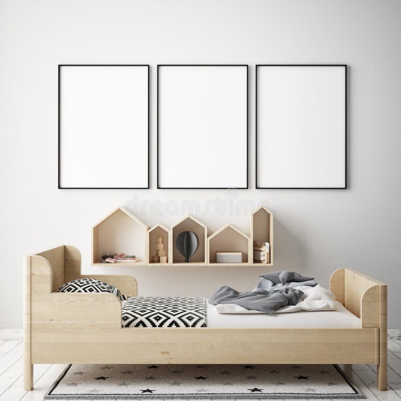 Egzamin próbny w górę plakat ramy w dziecko sypialni, scandinavian stylowy wewnętrzny tło, 3D odpłaca się ilustracja wektor Egzamin próbny w górę plakat ramy w dziecko sypialni, scandinavian stylowy wewnętrzny tło, 3D odpłaca się ilustracja wektor
