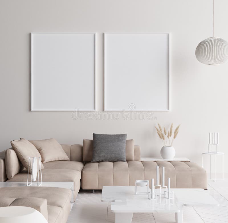 Mock up poster frame in modern home interior. Scandinavian style. 3d render. Mock up poster frame in modern home interior. Scandinavian style. 3d render