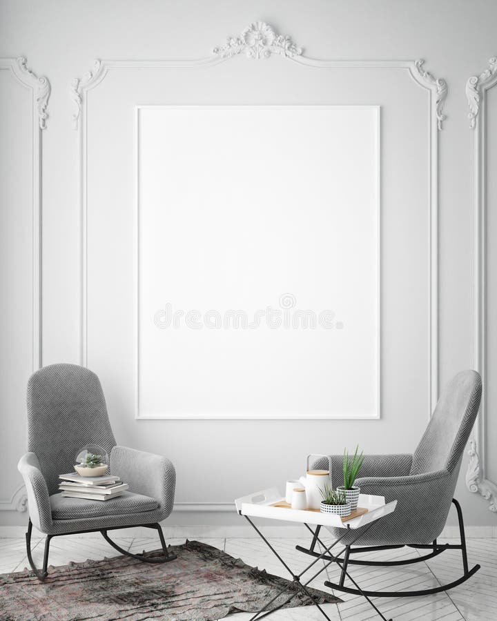 Egzamin próbny w górę plakat ramy w modnisia wewnętrznym tle, scandinavian styl, 3D odpłaca się ilustracji Egzamin próbny w górę plakat ramy w modnisia wewnętrznym tle, scandinavian styl, 3D odpłaca się ilustracji