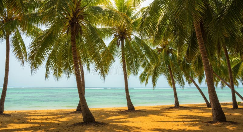 Egzotyczna scena plażowa z Palm Trees Sandy Shore i Tranquil Turquoise Ocean royalty ilustracja