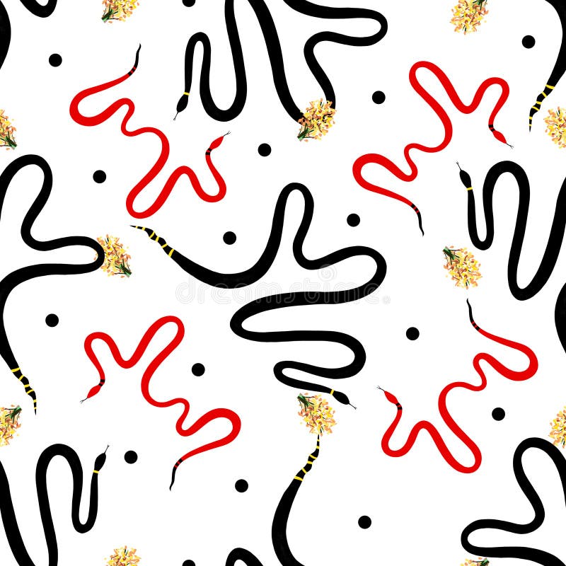 Egzotyczny wzorzec bez szwu z czerwonymi i czarnymi wężami na białym tle. styl minimalistyczny rysowanej ręcznie ilustracji. Egzotyczny wzorzec bez szwu z królem meksykańskim czerwonym i czarnym wężami na białym tle. ilustracja odręczna.