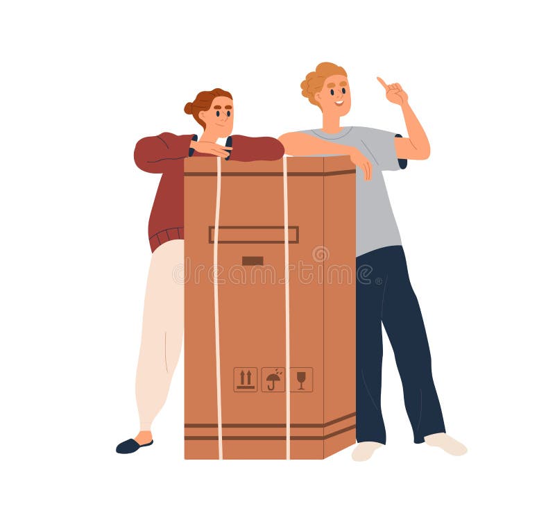 Ehepaar mit großer Kartonschachtel, das in ein neues Zuhause umzieht, mit gekauftem Haushaltsgerät, verpackt in großen Kartons lizenzfreie abbildung