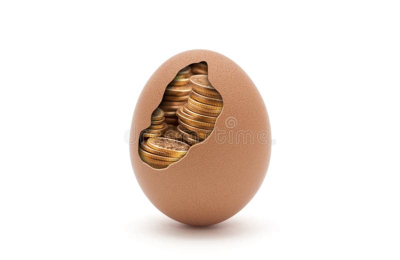 Ei mit goldenen Münzen auf Weiß stockfotografie Ei mit goldenen Münzen auf Weiß stockfotografie