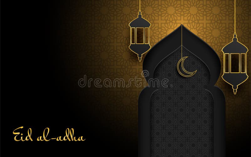 Eid Al-Adha Mubarak Background .design with Lantern on Gold, Black  Background Stock Vector - Illustration of line, greeting: 185373867