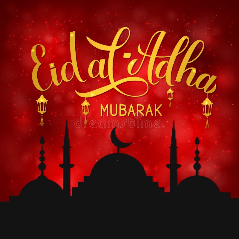 Eid al-Adha Mubarak lettering and silhouette of mosque on red background. Kurban Bayrami typography poster. Islamic traditional