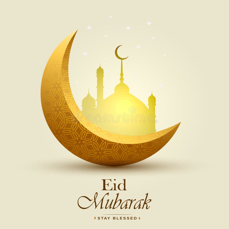 Eid Mubarak Moon and Mosque, Stay Blessed Realistic Greeting Wish Card ...