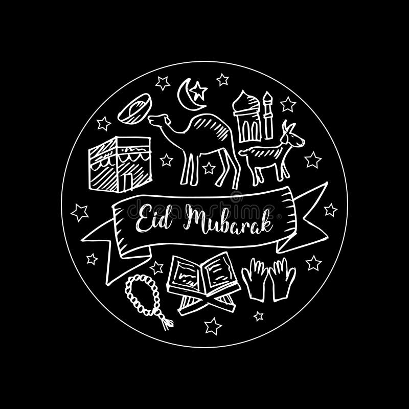 Eid Mubarak Greeting Card in Cartoon Doodle Style Stock Illustration -  Illustration of hand, icon: 121853803