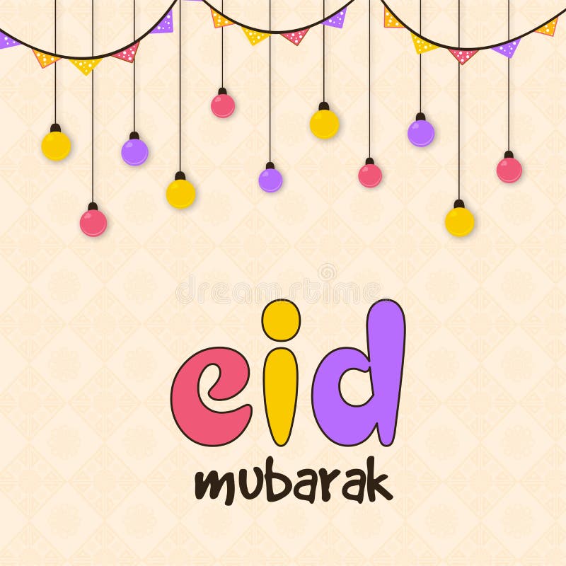 Eid Mubarak Greeting Card Decorated With Hanging Light Bulbs And Bunting On Pastel Peach Damask Pattern