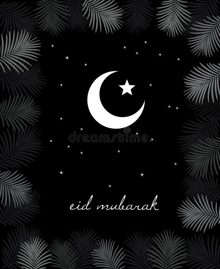 Eid Mubarak Vector Illustration. Starry Night. White Moon and Star. Palm  Tree Leaves Border. Black Background. Stock Vector - Illustration of  decorative, gray: 124248337