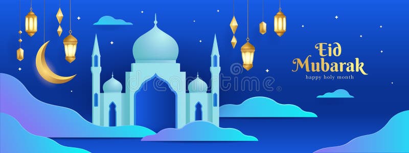 Eid mubarak : złote latarnie i księżyc półksiężycowy z majestatycznym meczetem ilustracja wektor