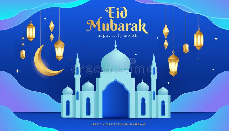 Eid mubarak : złote latarnie i księżyc półksiężycowy z majestatycznym meczetem ilustracji