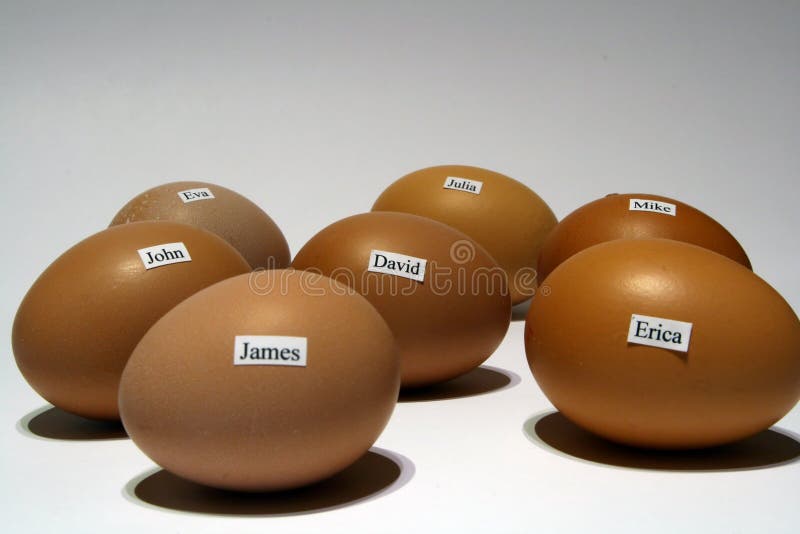 Chicken eggs with human names, white background. Chicken eggs with human names, white background.