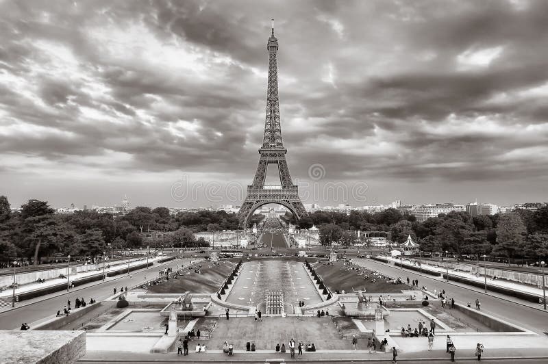 Eiffel tower cloudy cityscape view stock photo