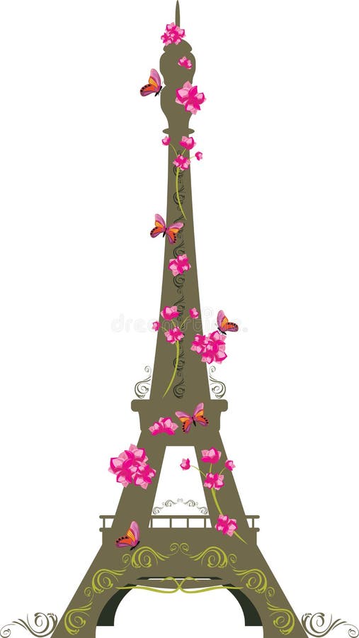 Eiffel tower with flowers and butterflies on the white