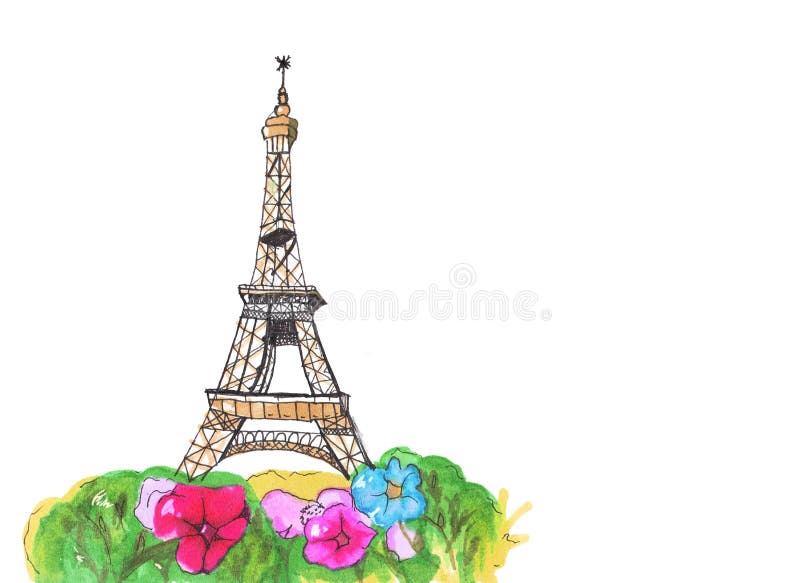 Eiffel Tower With Flowers Sketch Drawn Black Silhouette Illustration
